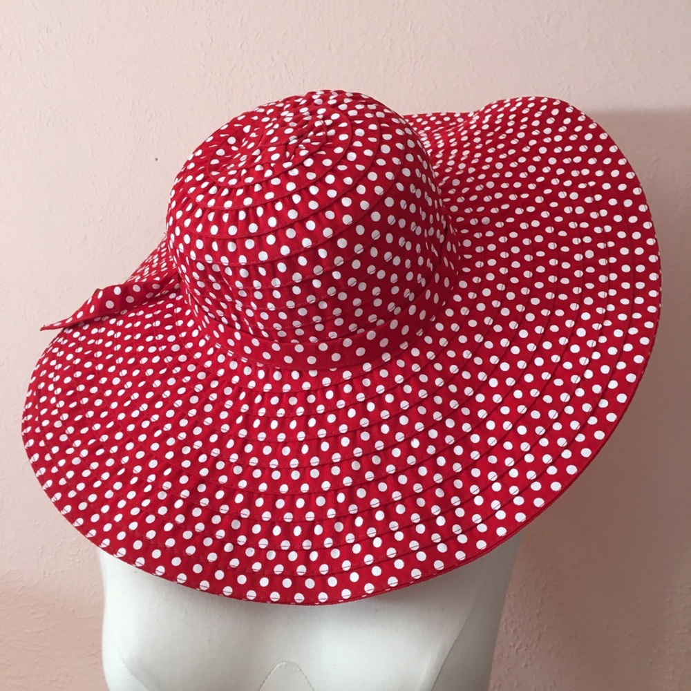 Vintage style Hatagirl Retro Wide brim Sunhat Red Polka dot - Picture 6 of 8